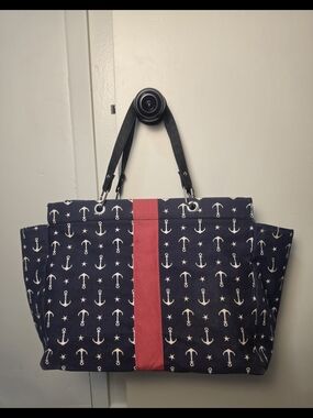 Navy Anchor Print Tote with Red Stripe